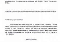 Nota - Ofício Circular PVSA sobre movimentação de recursos