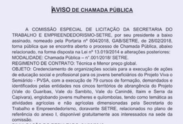 AVISO DE CHAMADA PÚBLICA - SETRE  - CREDENCIAMENTO DE ORGANIZAÇÕES SOCIAIS - PVSA