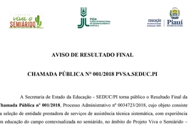 AVISO DE RESULTADO FINAL CHAMADA PÚBLICA N° 001/2018 PVSA.SEDUC.PI
