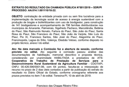 EXTRATO DO RESULTADO DA CHAMADA PÚBLICA N°001/2019 – SDR/PI PROCESSO: AA.014.1.001110/18-22.