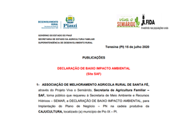 Declaração de Baixo Impacto Ambiental  Para Aplicação de Plano de Negócio em Municípios do Piauí