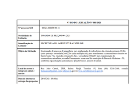 AVISO DE LICITAÇÃO N° 001/2021 PARA IMPLANTAÇÃO DE REDE ELÉTRICA